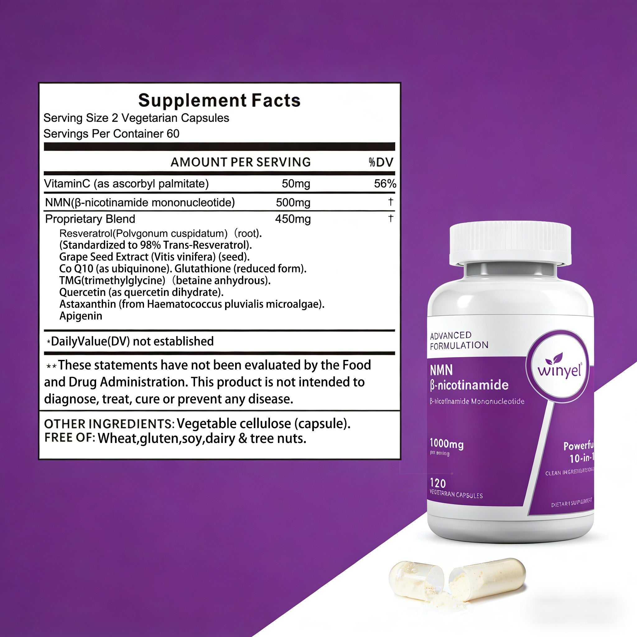 Winyel NMN 1000mg – 10-in-1 Anti-Aging Supplement with Resveratrol & CoQ10 (120 Vegetarian Capsules, 60 Servings)
