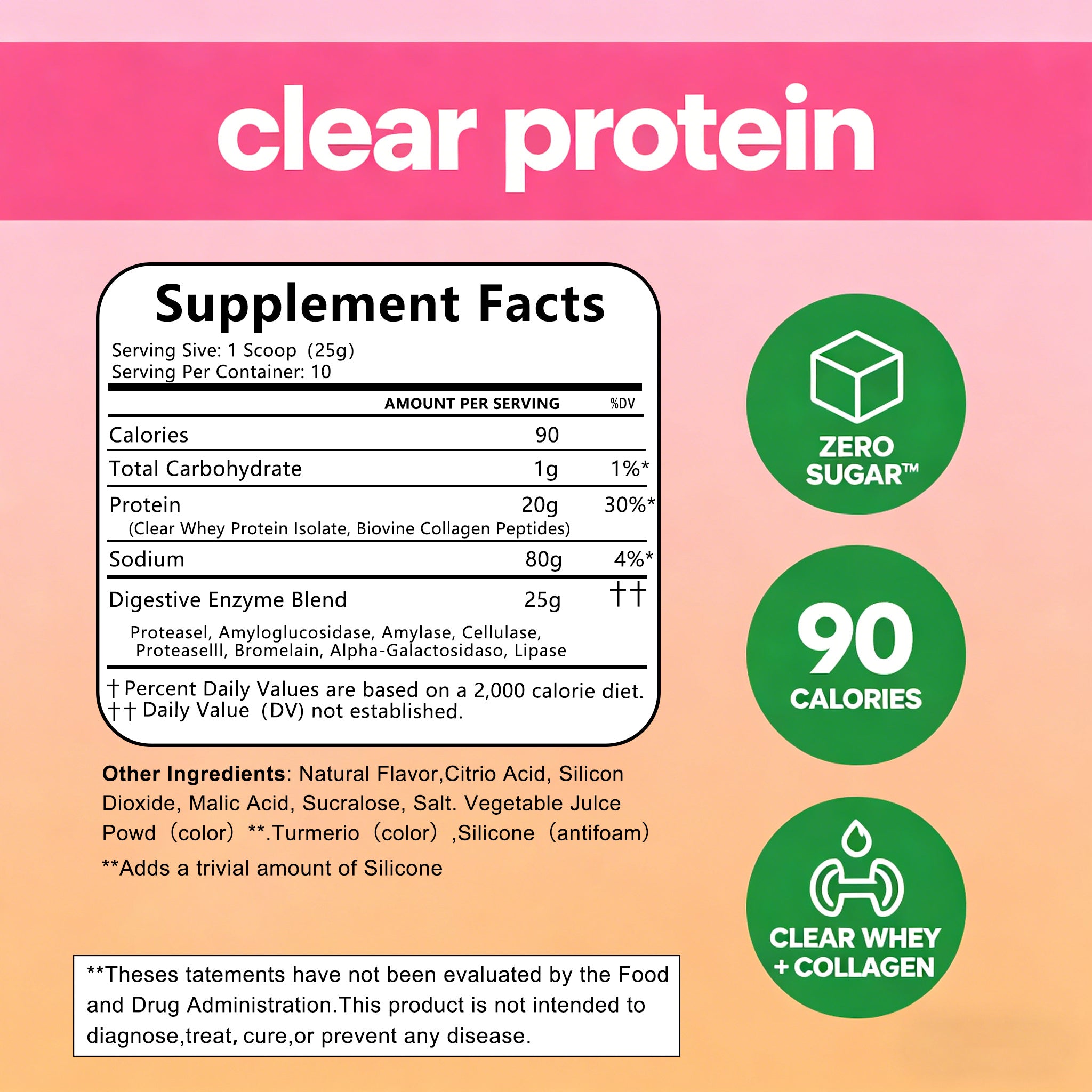Winyel Clear Protein Collagen Peptides – Raspberry Lemonade, 20g Protein, Zero Sugar (250g, 10 Servings)