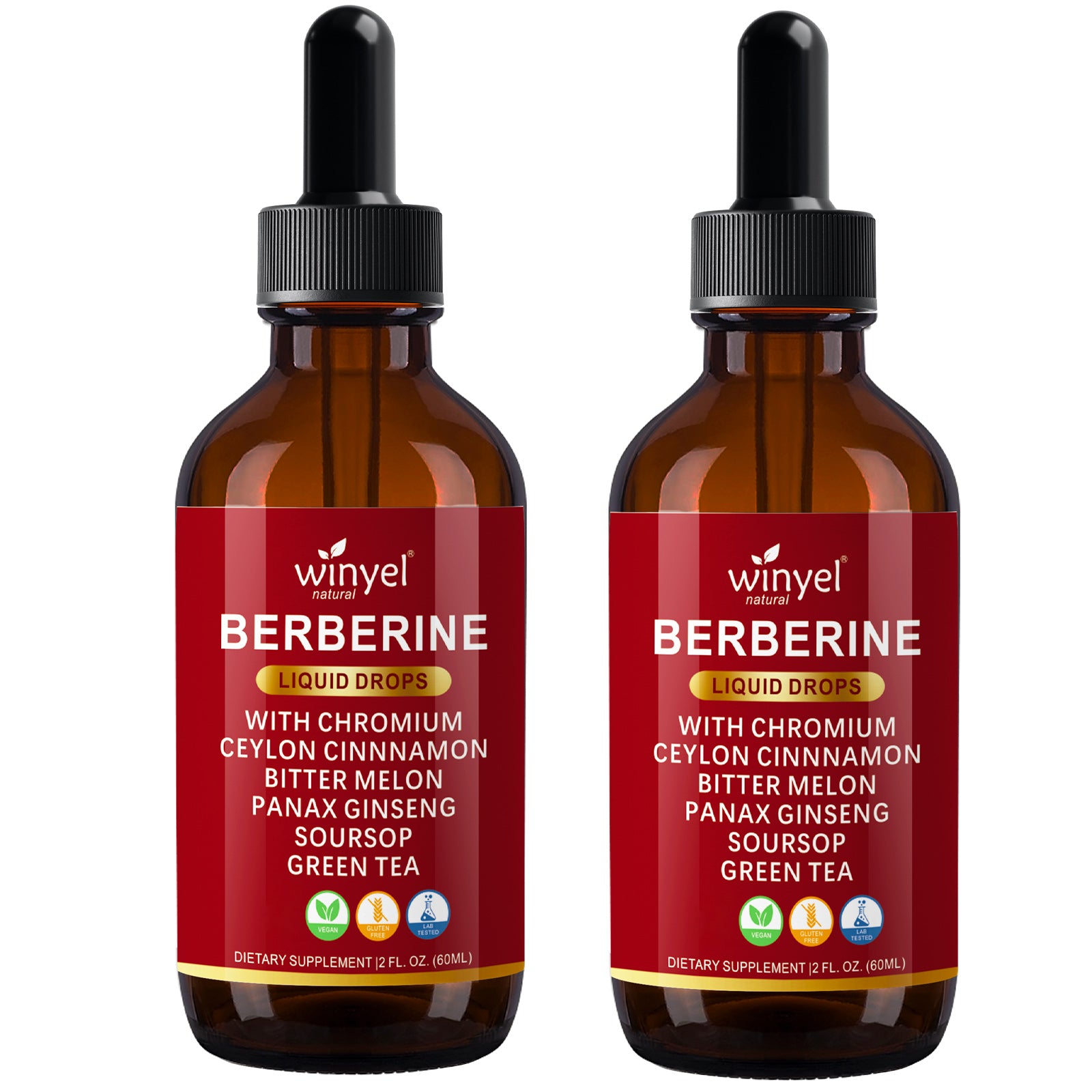 Winyel Berberine Liquid Drops – 12-in-1 with Chromium, Ceylon Cinnamon & Bitter Melon, Berry Cinnamon Flavor (2 FL OZ / 60ml, 30 Servings)