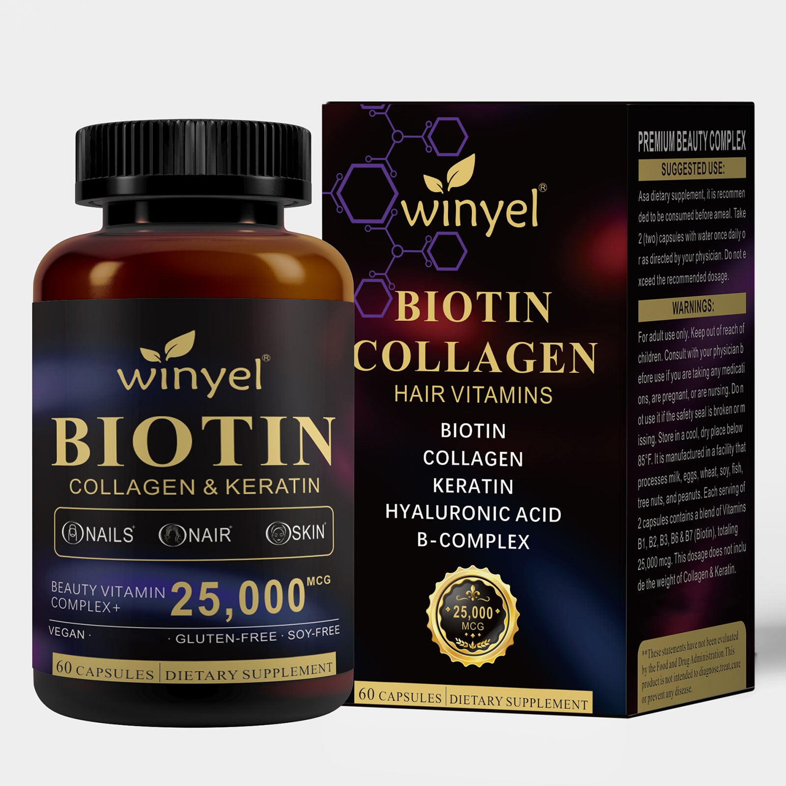 Winyel Biotin Collagen & Keratin Hair Vitamins - 25,000mcg | 60 Capsules