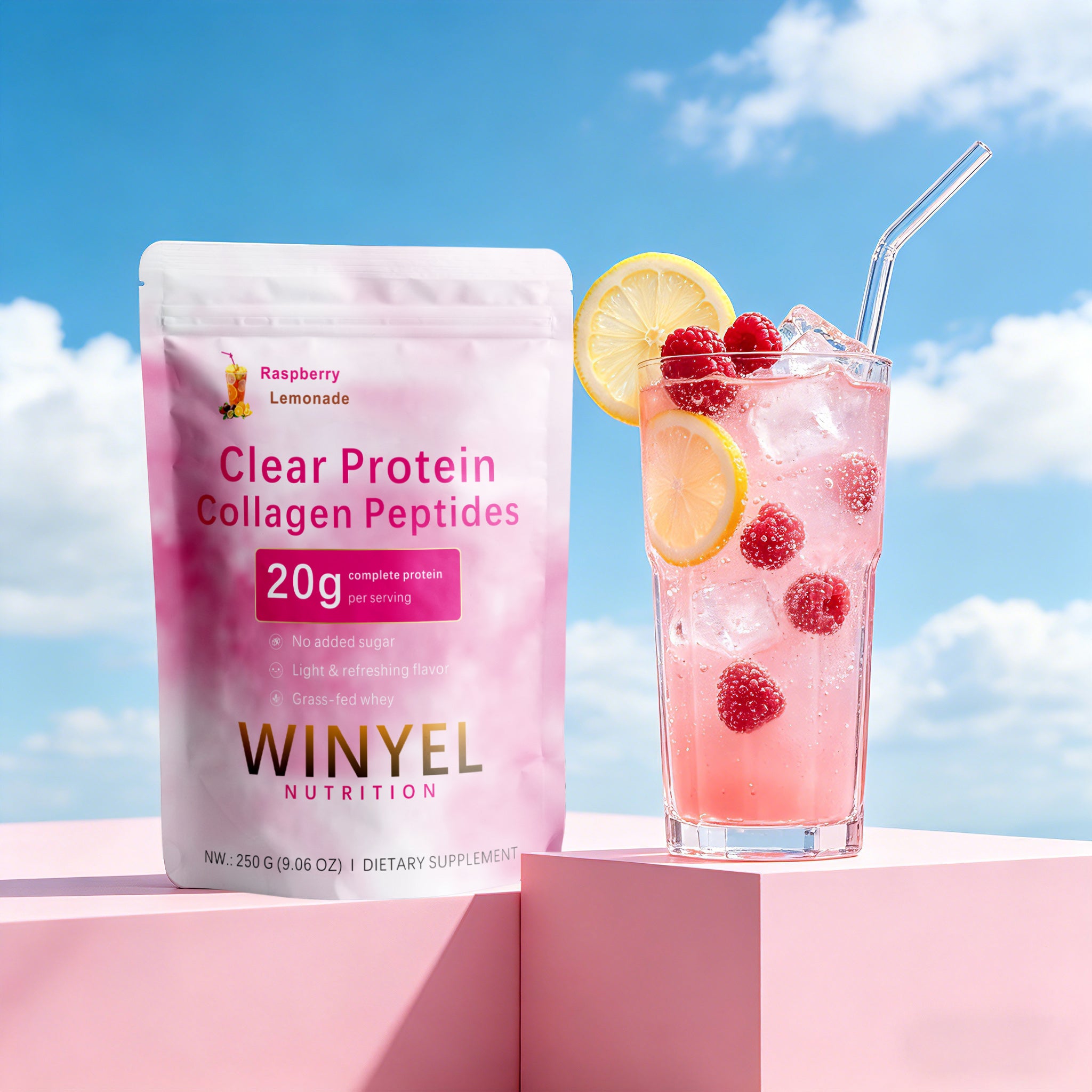 Winyel Clear Protein Collagen Peptides – Raspberry Lemonade, 20g Protein, Zero Sugar (250g, 10 Servings)