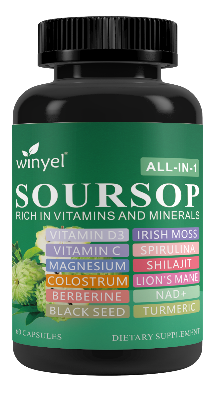 Winyel Soursop All-in-1 Capsules – 20 Superfoods with Vitamin C, D3, Lion’s Mane & NAD+ (60 Capsules, 30 Servings)