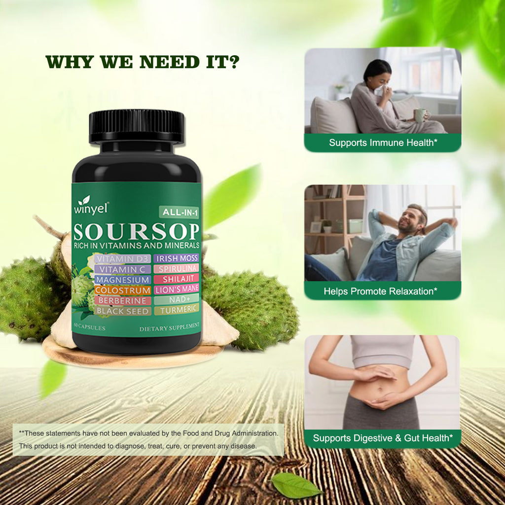 Winyel Soursop All-in-1 Capsules – 20 Superfoods with Vitamin C, D3, Lion’s Mane & NAD+ (60 Capsules, 30 Servings)