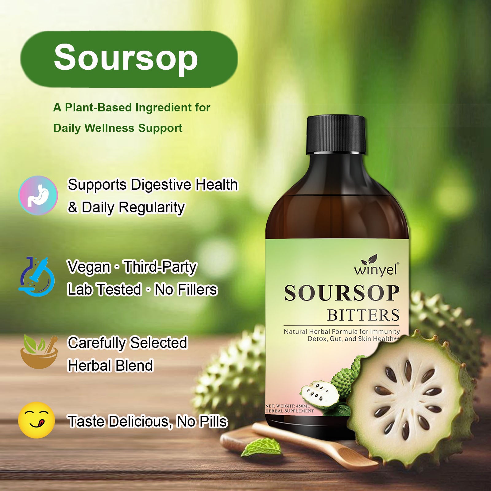 Winyel Soursop Bitters – 16-in-1 Herbal Supplement for Gut, Immunity & Skin (450ml)