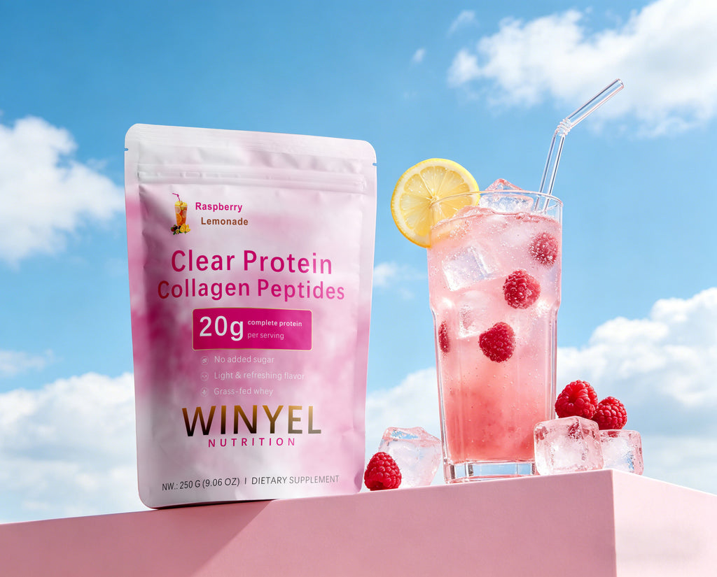 Winyel Clear Protein Collagen Peptides – Raspberry Lemonade, 20g Protein, Zero Sugar (250g, 10 Servings)