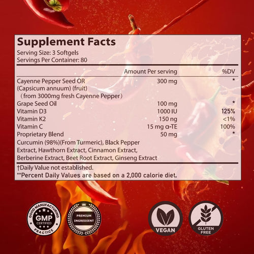 Winyel Cayenne Pepper Softgels – 12-in-1 Premium Botanical Blend, 3000mg Equivalent, Vegan & Gluten-Free (240 Softgels, 80 Days Supply)