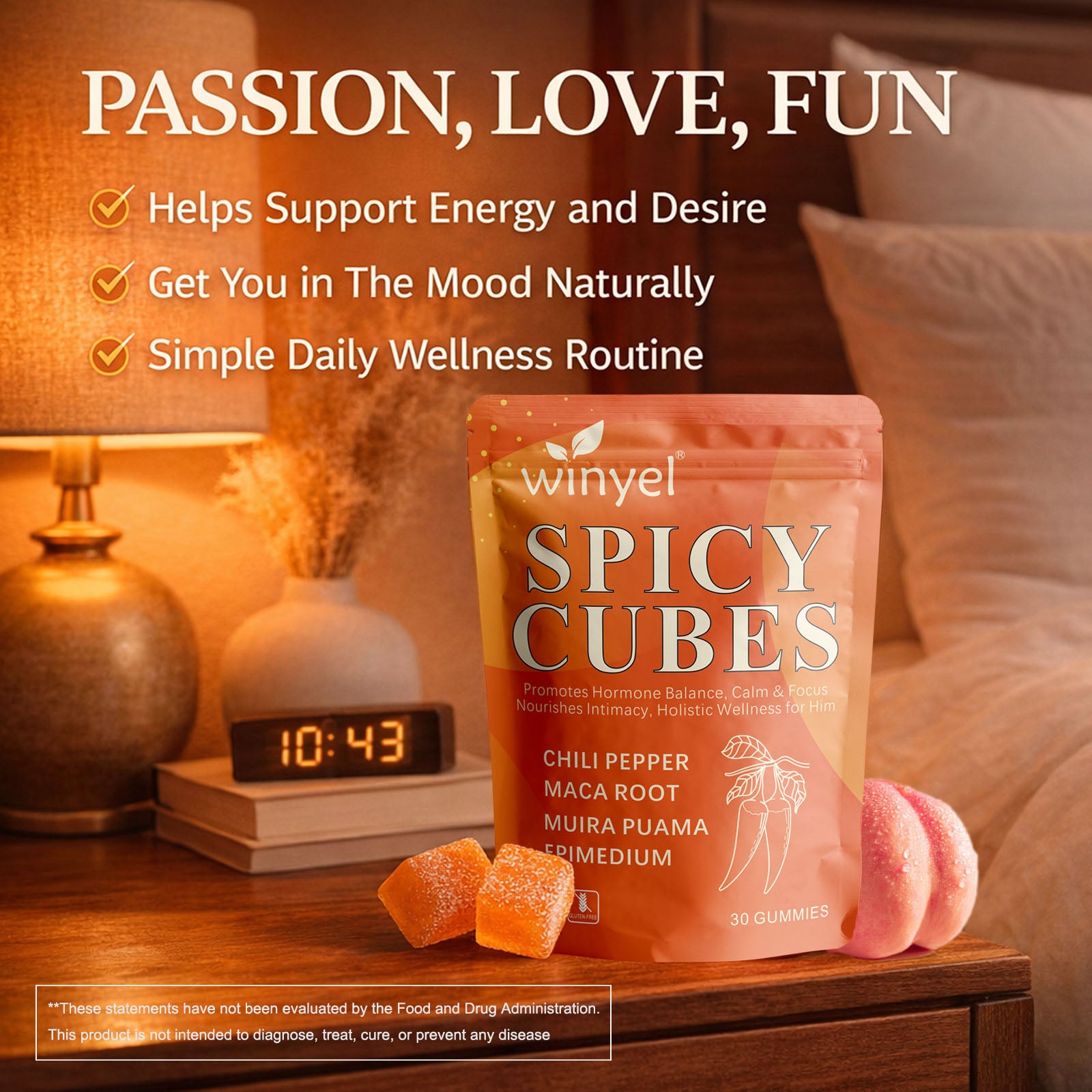 Winyel Spicy Cubes Men's Wellness Gummies - 30 Count | Peach Flavor