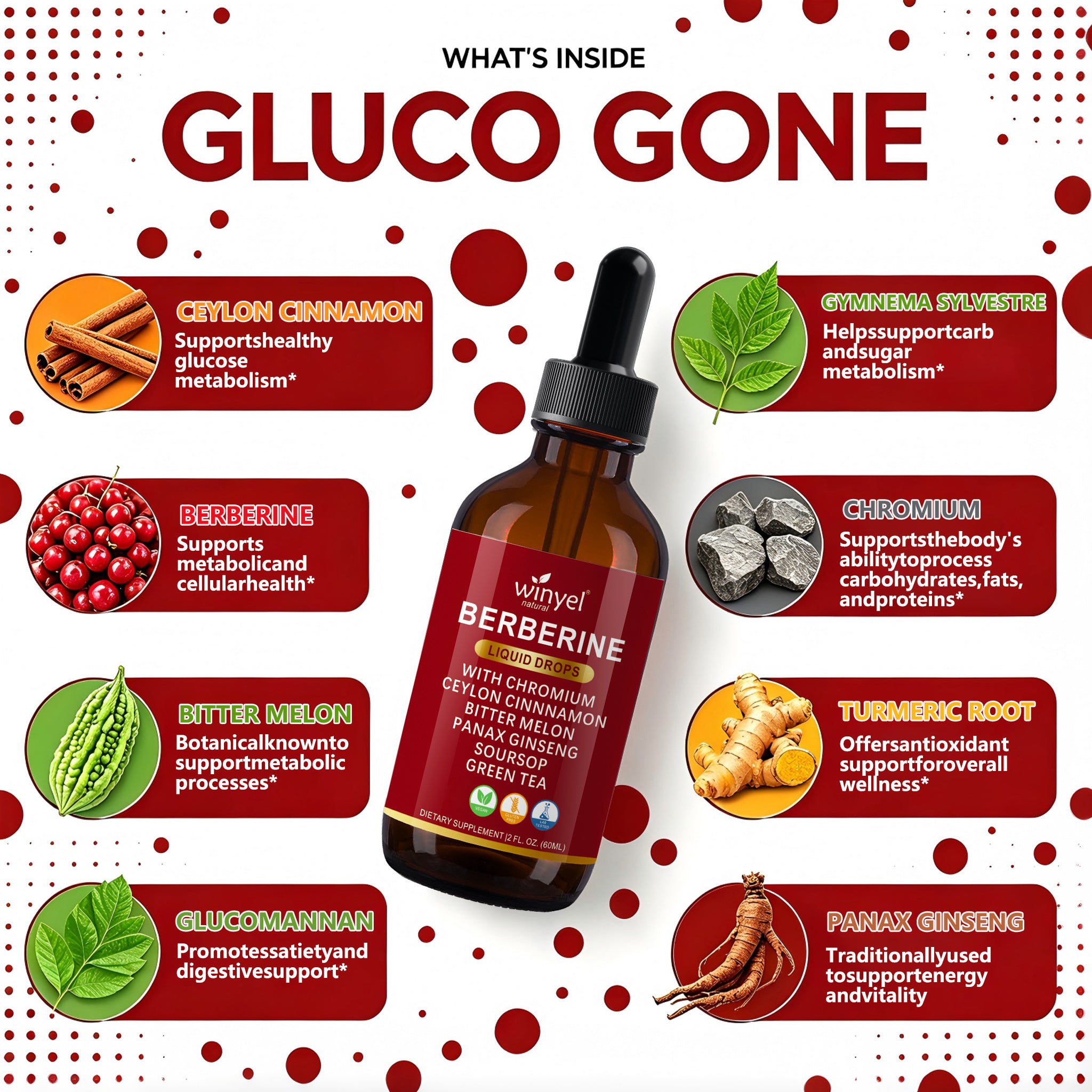 Winyel Berberine Liquid Drops – 12-in-1 with Chromium, Ceylon Cinnamon & Bitter Melon, Berry Cinnamon Flavor (2 FL OZ / 60ml, 30 Servings)