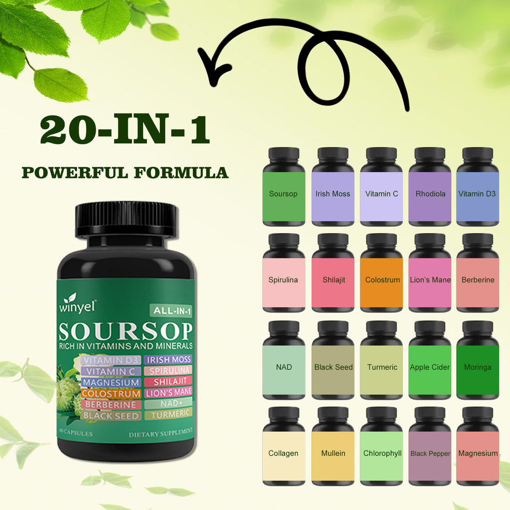Winyel Soursop All-in-1 Capsules – 20 Superfoods with Vitamin C, D3, Lion’s Mane & NAD+ (60 Capsules, 30 Servings)