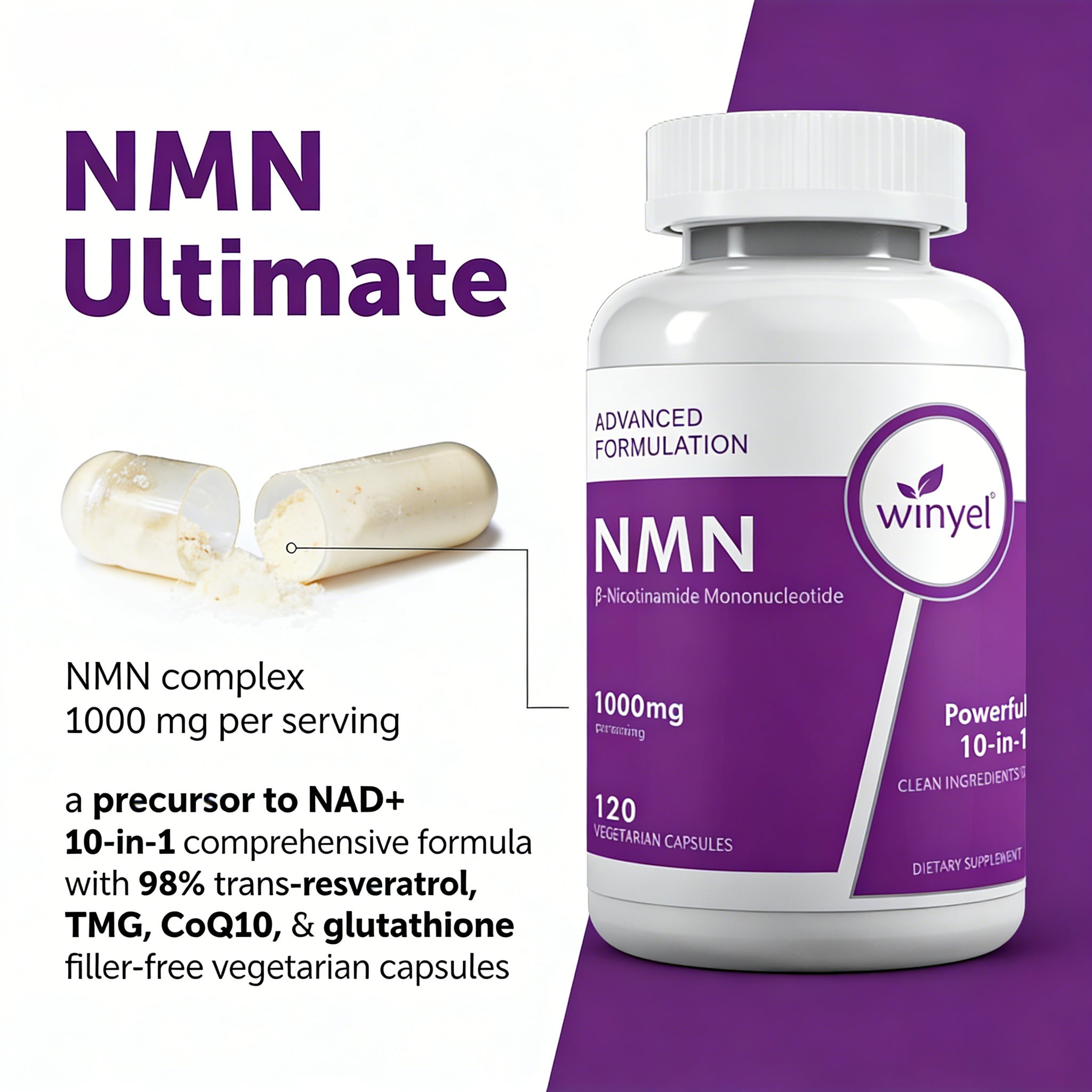 Winyel NMN 1000mg – 10-in-1 Anti-Aging Supplement with Resveratrol & CoQ10 (120 Vegetarian Capsules, 60 Servings)