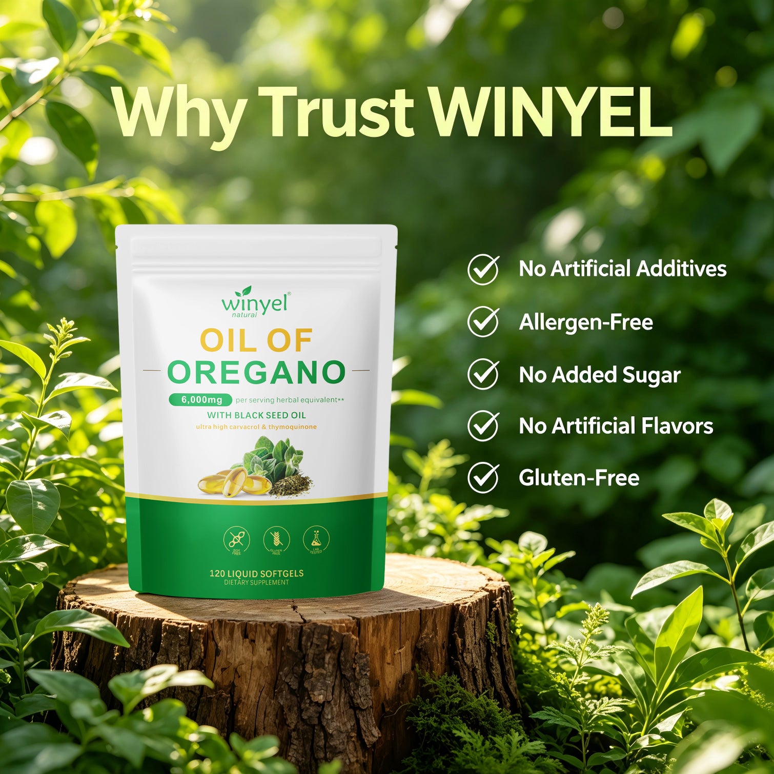 Winyel Oil of Oregano Softgels – 6000mg with Black Seed Oil, 2-in-1 Immune & Gut Support (120 Liquid Softgels)