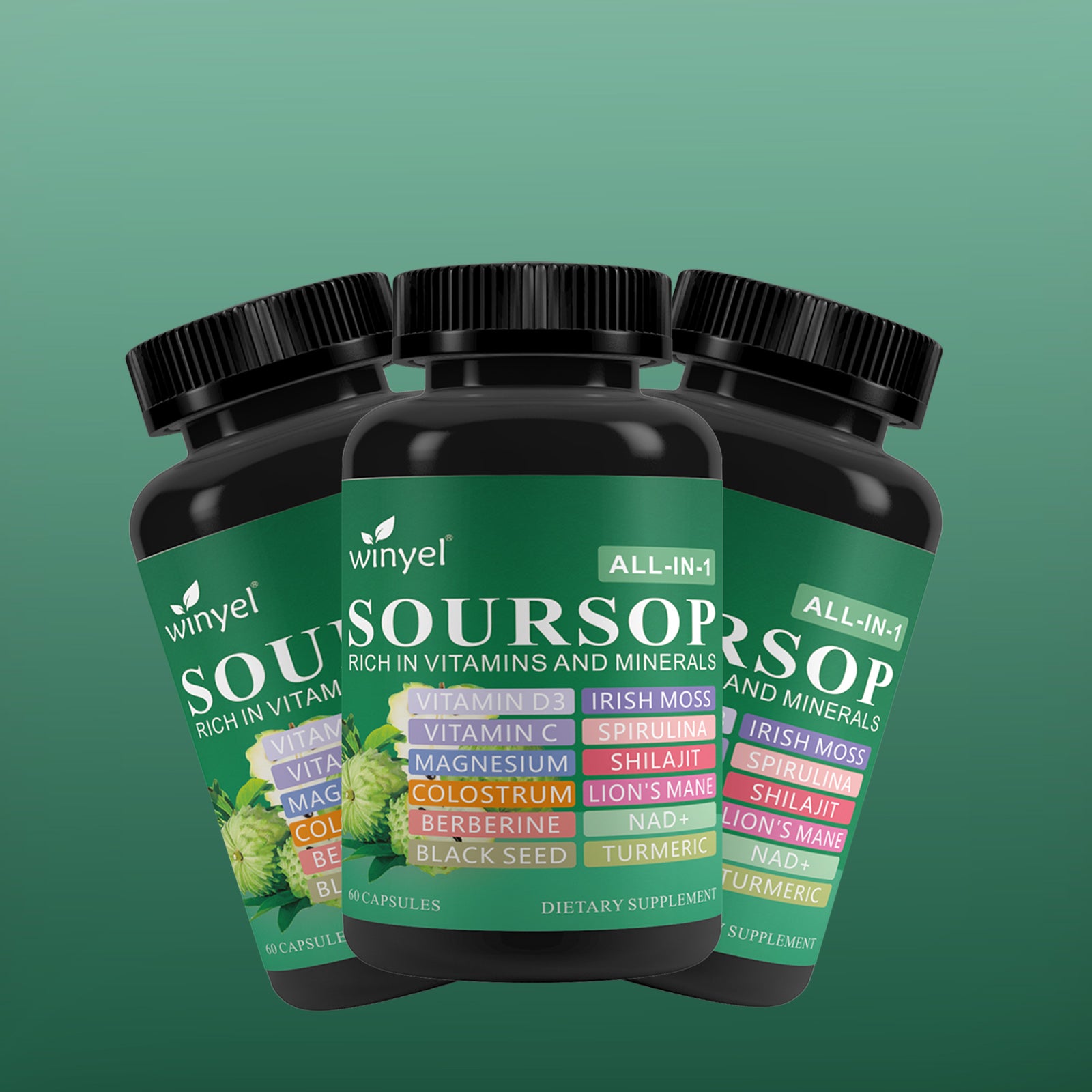 Winyel Soursop All-in-1 Capsules – 20 Superfoods with Vitamin C, D3, Lion’s Mane & NAD+ (60 Capsules, 30 Servings)