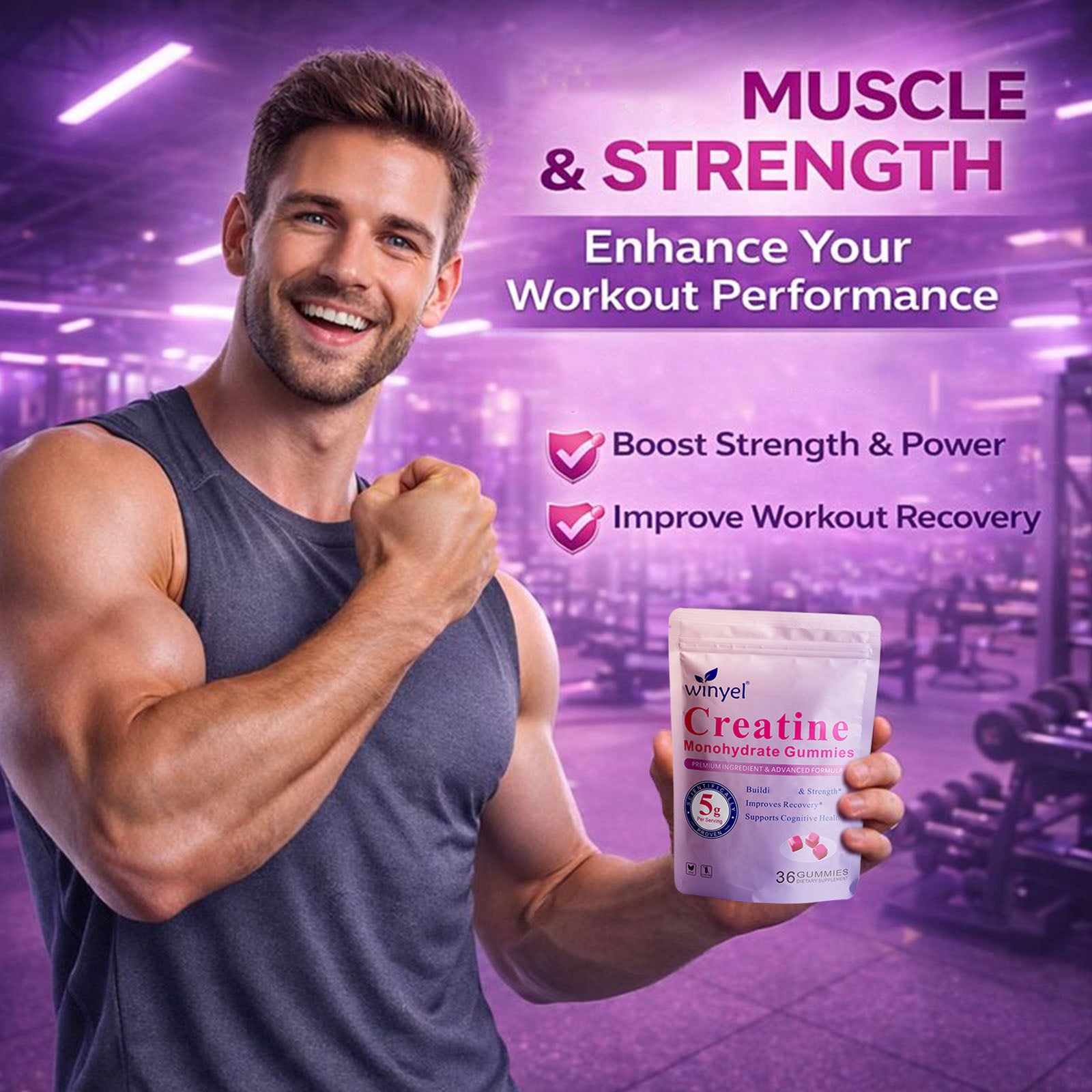 Winyel Creatine Monohydrate Gummies - 36 Count | 5g Per Serving