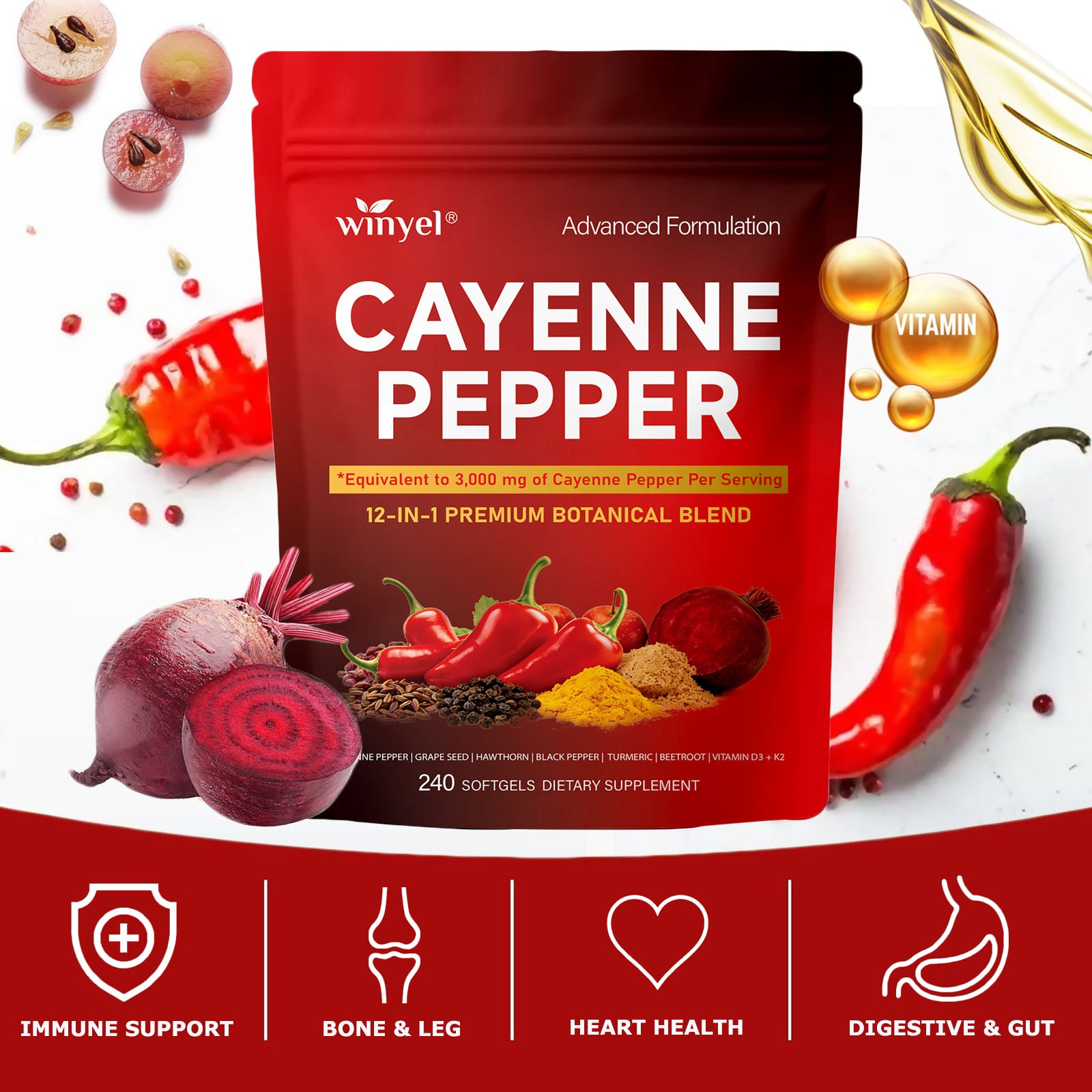 Winyel Cayenne Pepper Softgels – 12-in-1 Premium Botanical Blend, 3000mg Equivalent, Vegan & Gluten-Free (240 Softgels, 80 Days Supply)