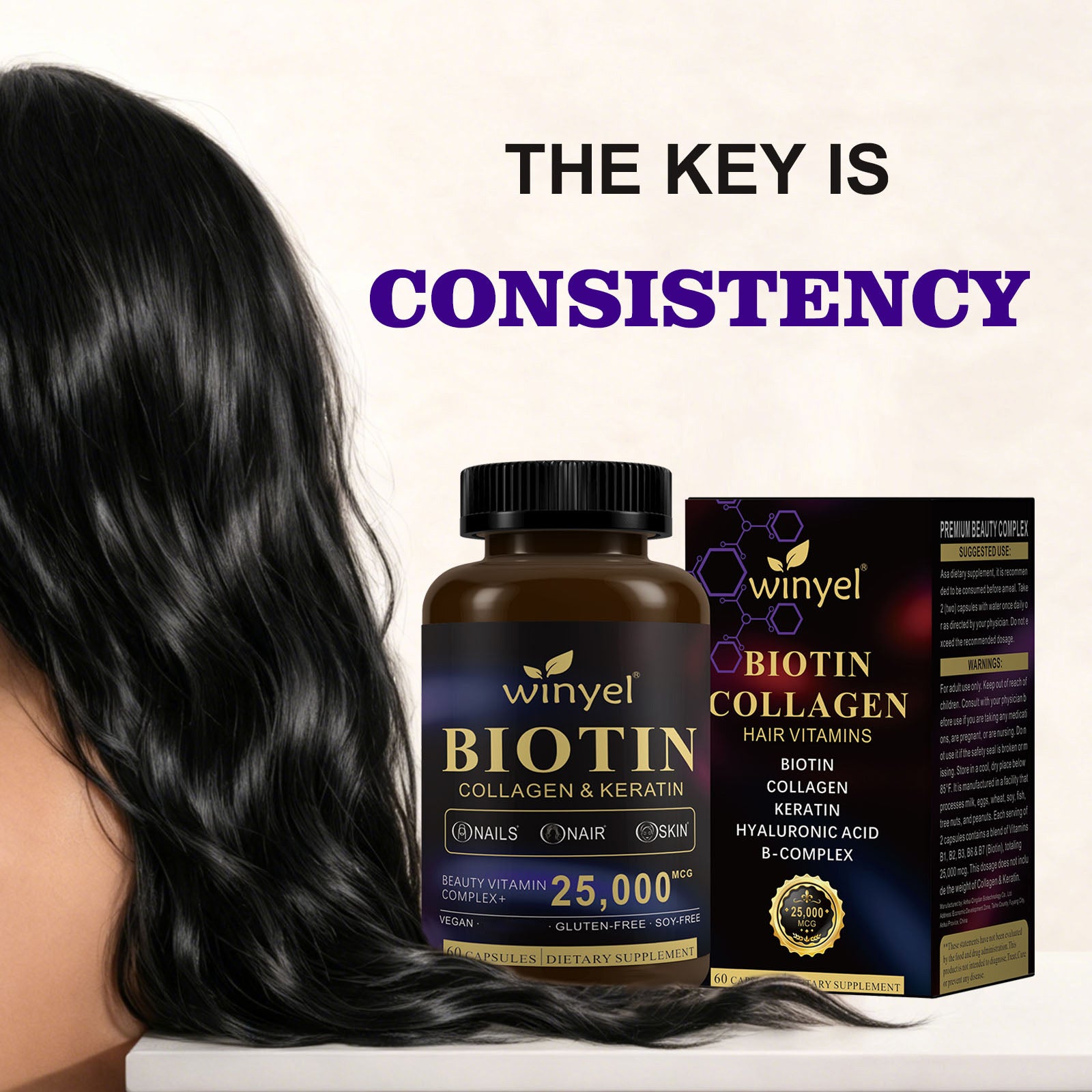Winyel Biotin Collagen & Keratin Hair Vitamins - 25,000mcg | 60 Capsules