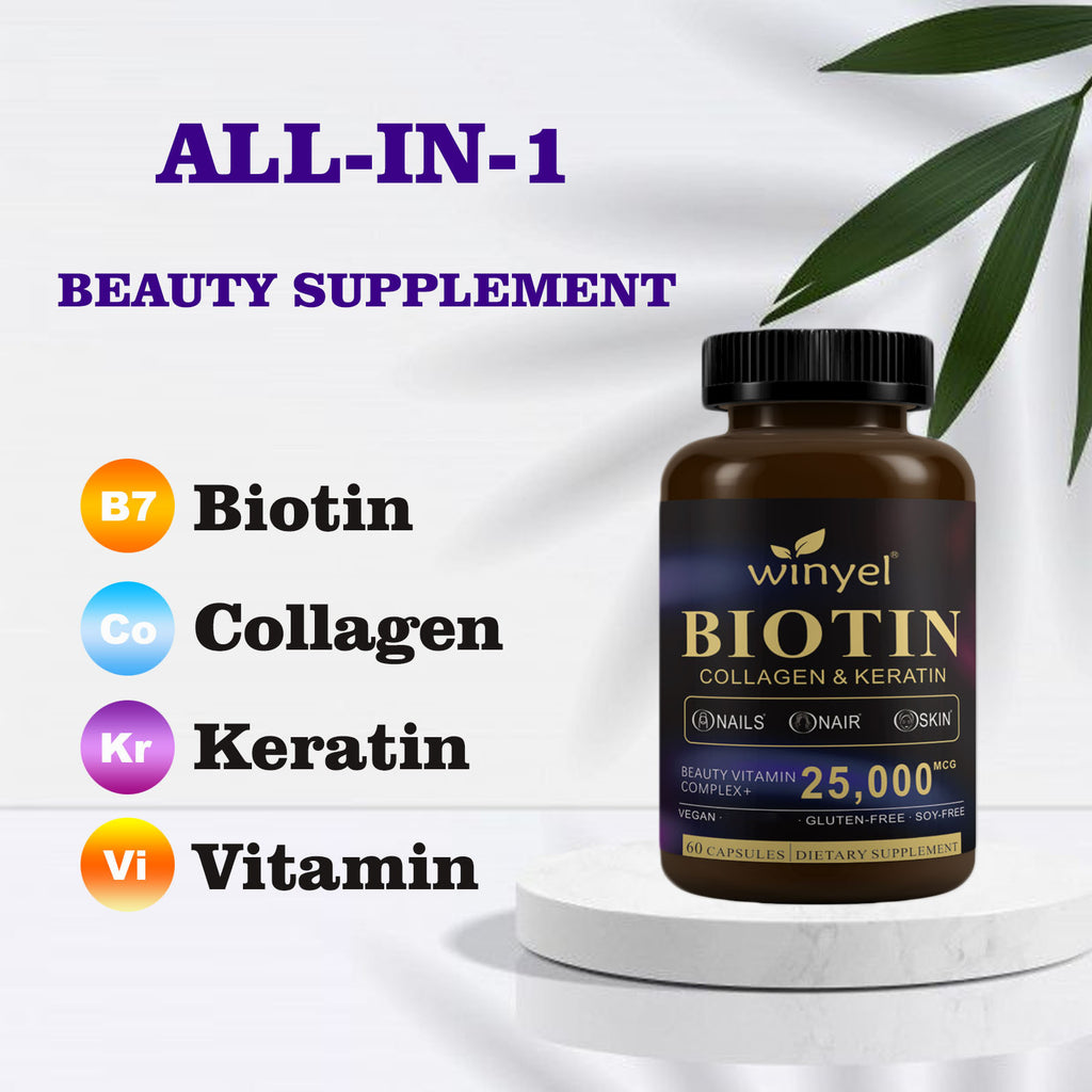 Winyel Biotin Collagen & Keratin Hair Vitamins - 25,000mcg | 60 Capsules