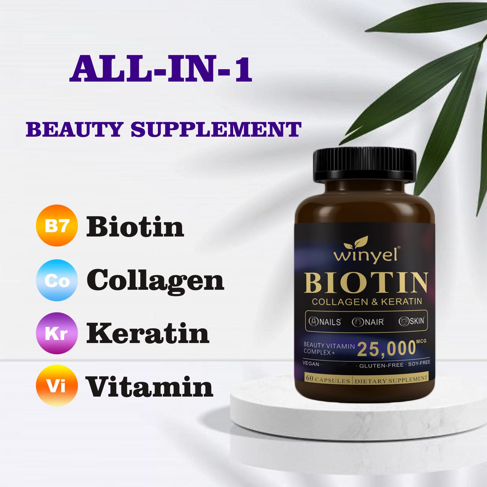 Winyel Biotin Collagen & Keratin Hair Vitamins - 25,000mcg | 60 Capsules