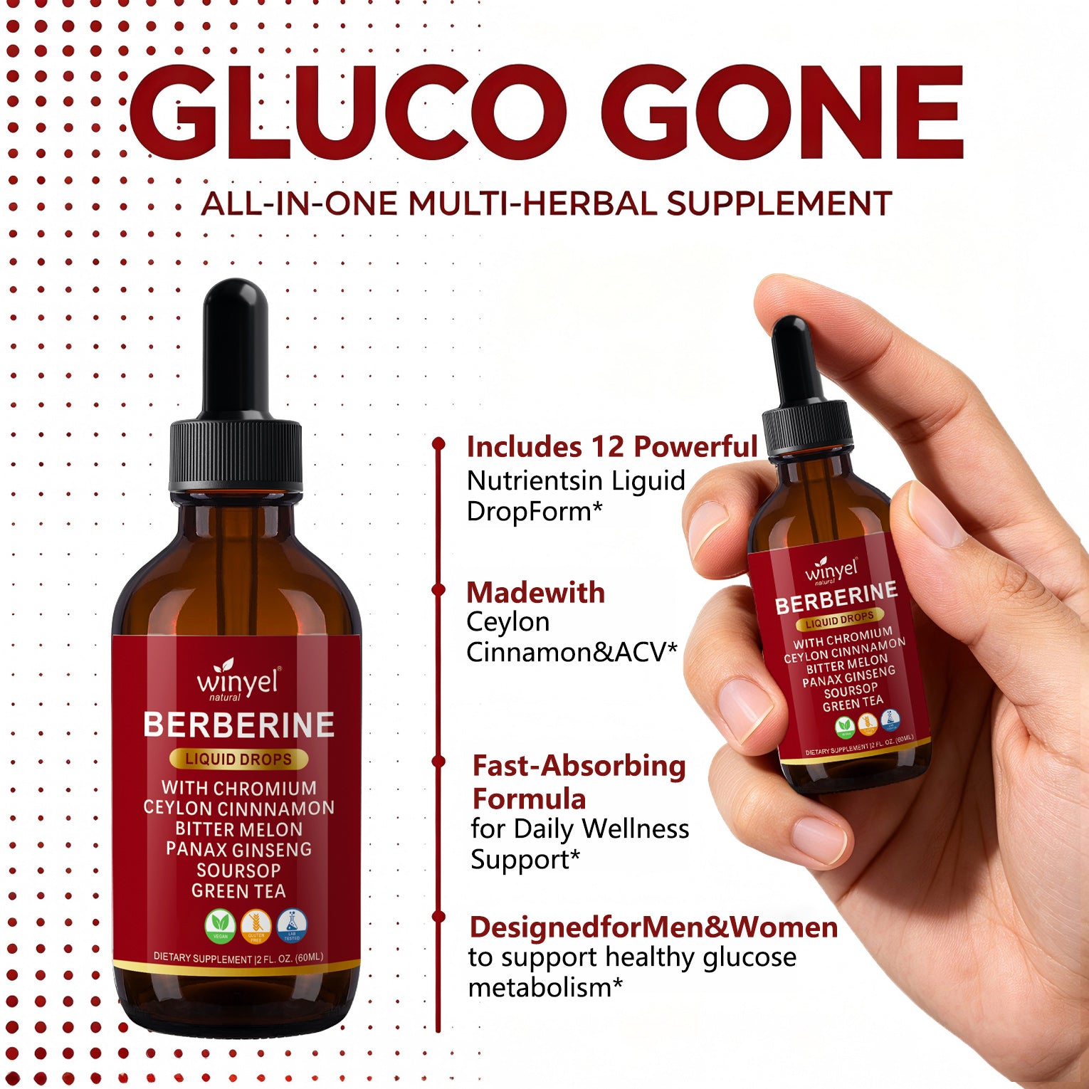 Winyel Berberine Liquid Drops – 12-in-1 with Chromium, Ceylon Cinnamon & Bitter Melon, Berry Cinnamon Flavor (2 FL OZ / 60ml, 30 Servings)