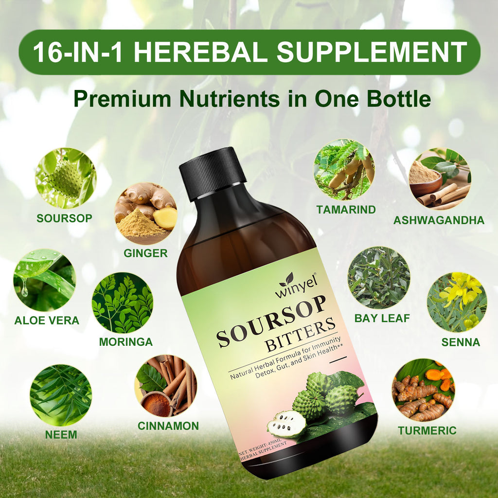 Winyel Soursop Bitters – 16-in-1 Herbal Supplement for Gut, Immunity & Skin (450ml)