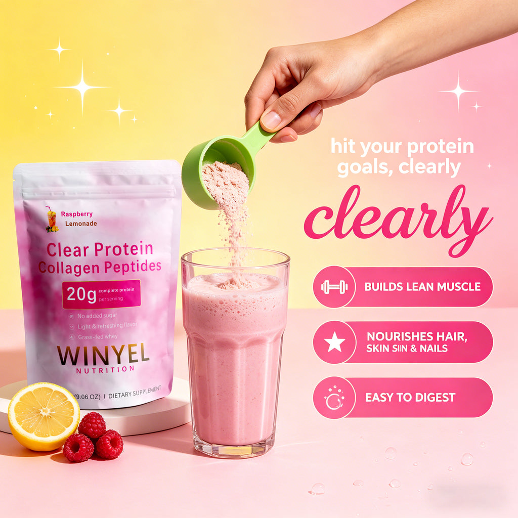 Winyel Clear Protein Collagen Peptides – Raspberry Lemonade, 20g Protein, Zero Sugar (250g, 10 Servings)