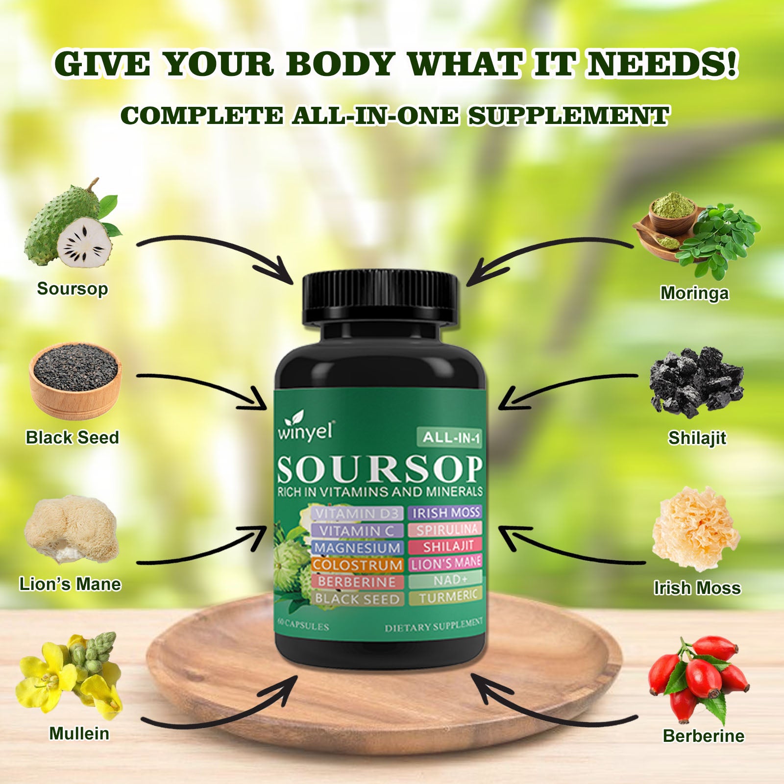 Winyel Soursop All-in-1 Capsules – 20 Superfoods with Vitamin C, D3, Lion’s Mane & NAD+ (60 Capsules, 30 Servings)