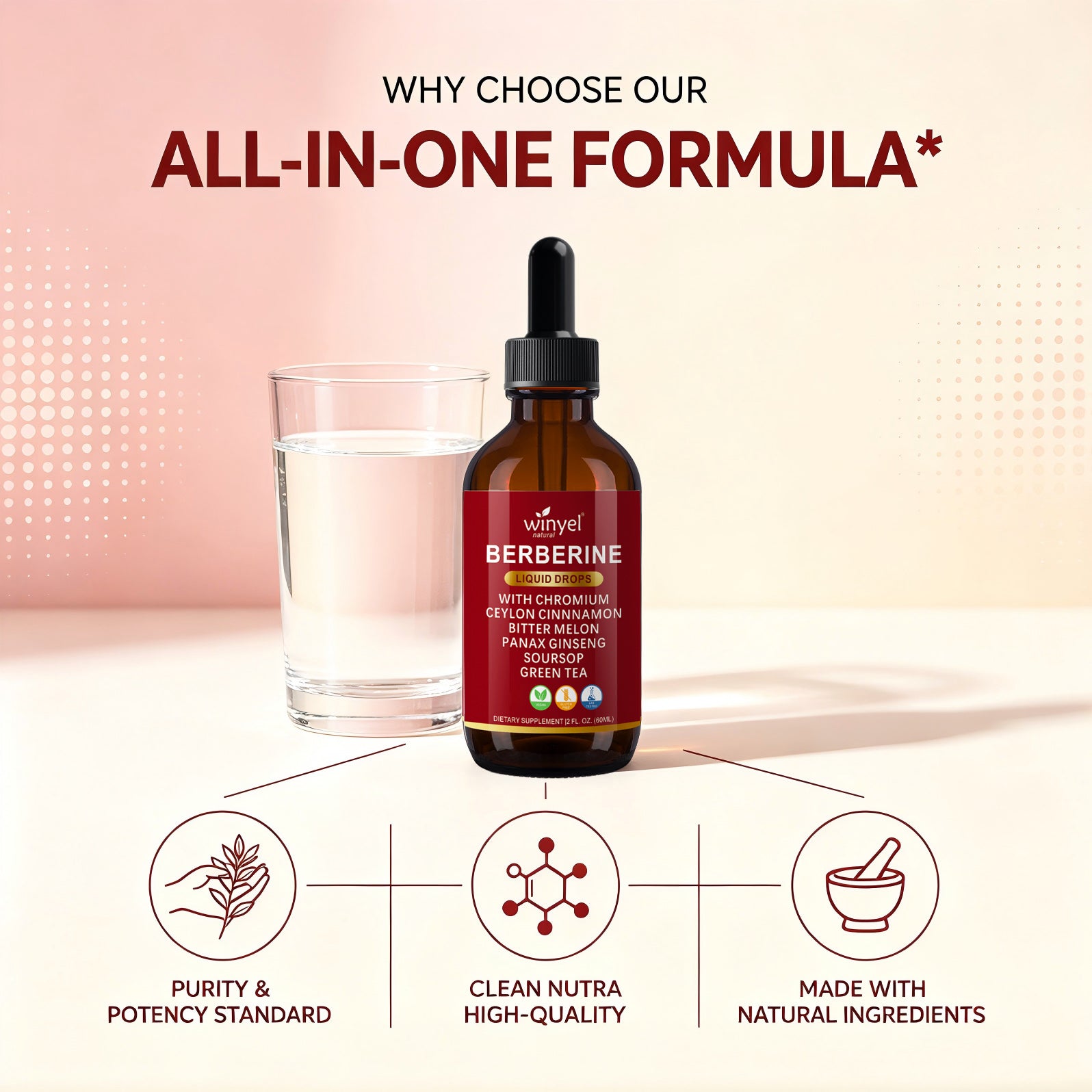 Winyel Berberine Liquid Drops – 12-in-1 with Chromium, Ceylon Cinnamon & Bitter Melon, Berry Cinnamon Flavor (2 FL OZ / 60ml, 30 Servings)
