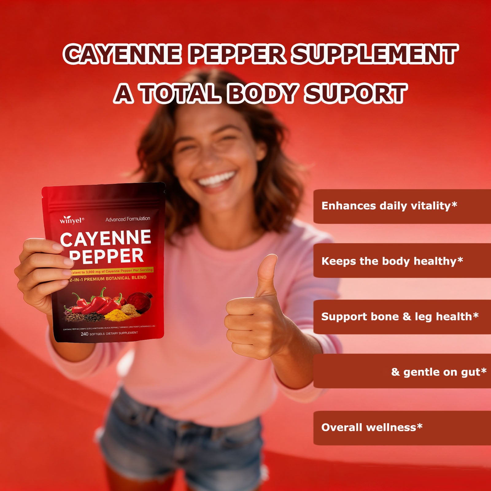 Winyel Cayenne Pepper Softgels – 12-in-1 Premium Botanical Blend, 3000mg Equivalent, Vegan & Gluten-Free (240 Softgels, 80 Days Supply)