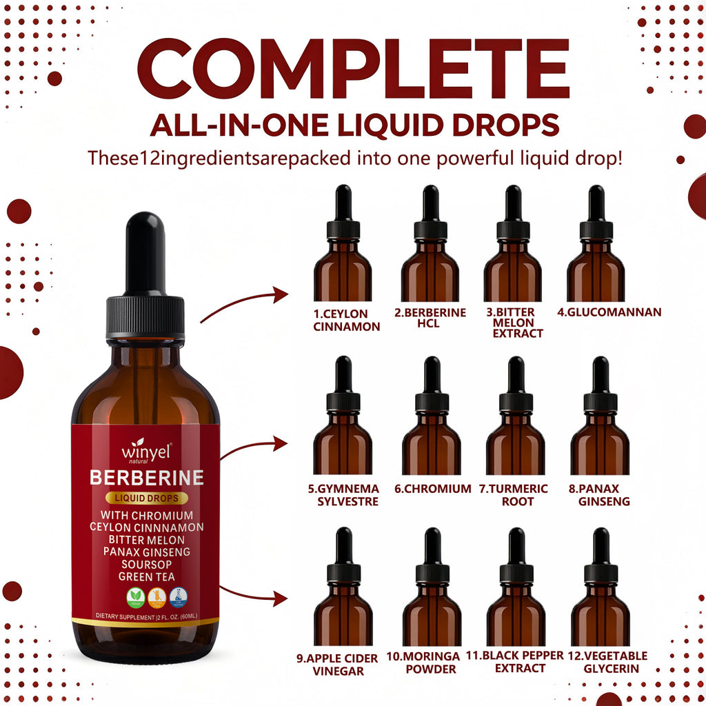 Winyel Berberine Liquid Drops – 12-in-1 with Chromium, Ceylon Cinnamon & Bitter Melon, Berry Cinnamon Flavor (2 FL OZ / 60ml, 30 Servings)