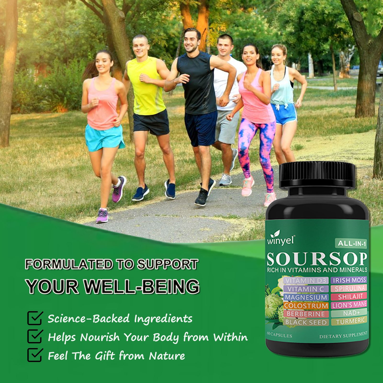 Winyel Soursop All-in-1 Capsules – 20 Superfoods with Vitamin C, D3, Lion’s Mane & NAD+ (60 Capsules, 30 Servings)