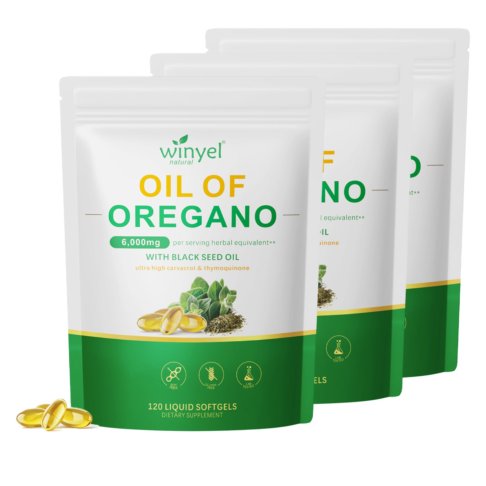Winyel Oil of Oregano Softgels – 6000mg with Black Seed Oil, 2-in-1 Immune & Gut Support (120 Liquid Softgels)