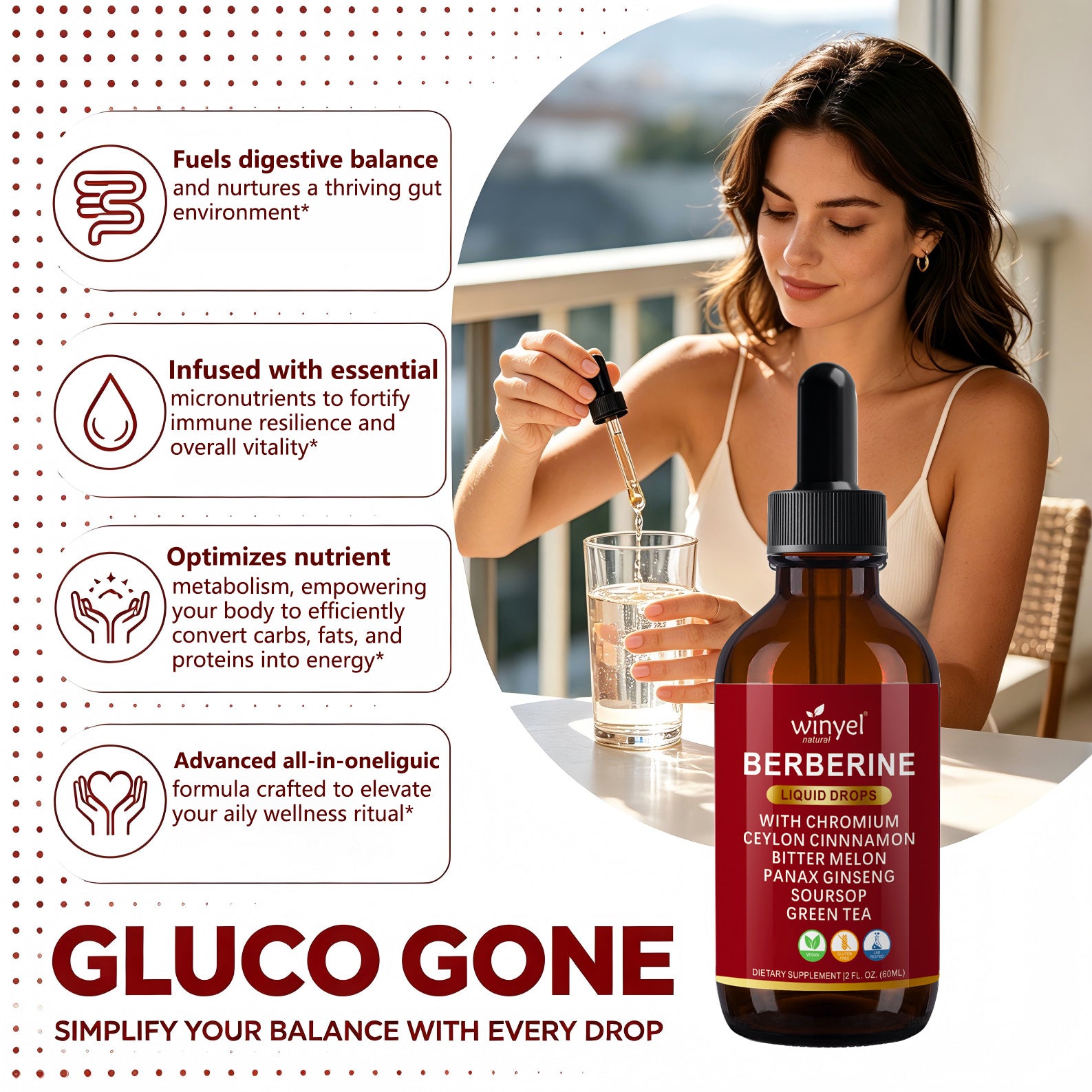 Winyel Berberine Liquid Drops – 12-in-1 with Chromium, Ceylon Cinnamon & Bitter Melon, Berry Cinnamon Flavor (2 FL OZ / 60ml, 30 Servings)