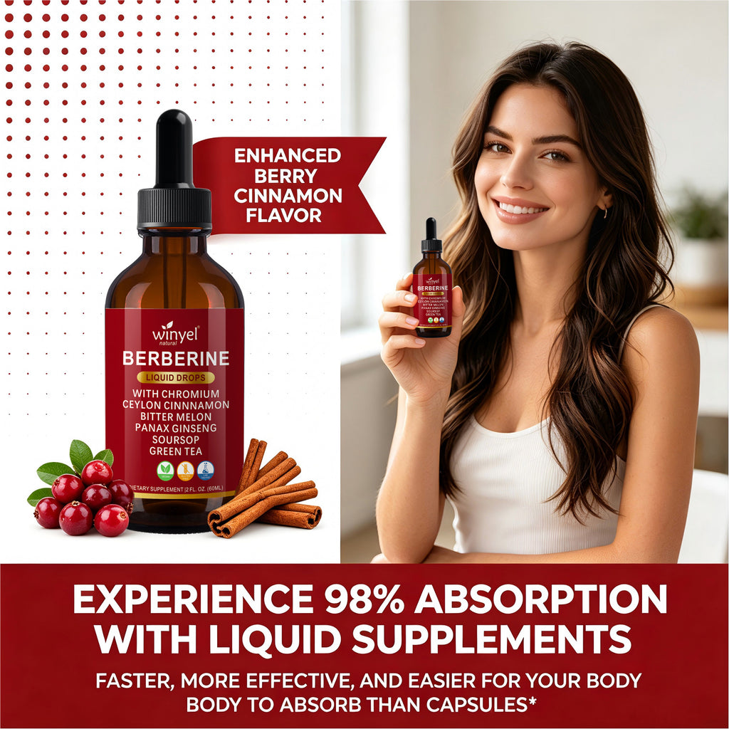 Winyel Berberine Liquid Drops – 12-in-1 with Chromium, Ceylon Cinnamon & Bitter Melon, Berry Cinnamon Flavor (2 FL OZ / 60ml, 30 Servings)