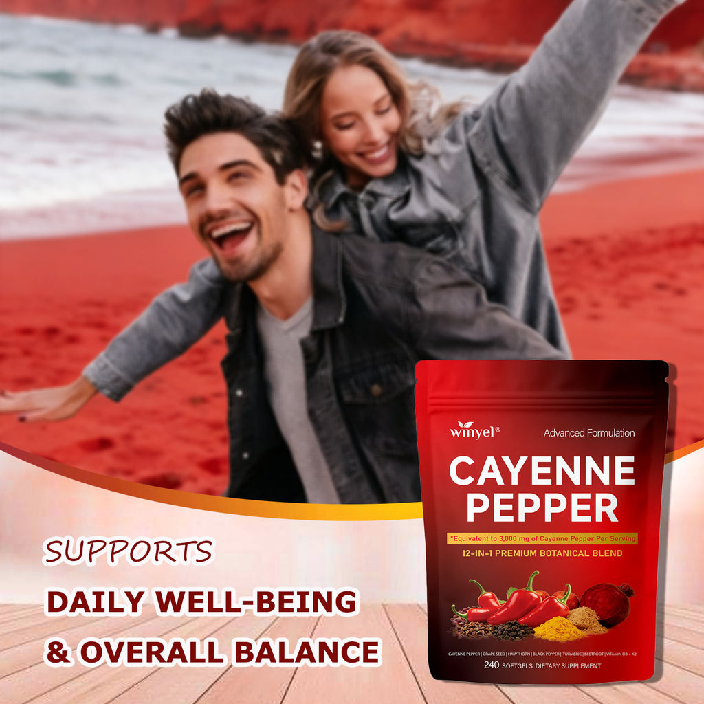 Winyel Cayenne Pepper Softgels – 12-in-1 Premium Botanical Blend, 3000mg Equivalent, Vegan & Gluten-Free (240 Softgels, 80 Days Supply)