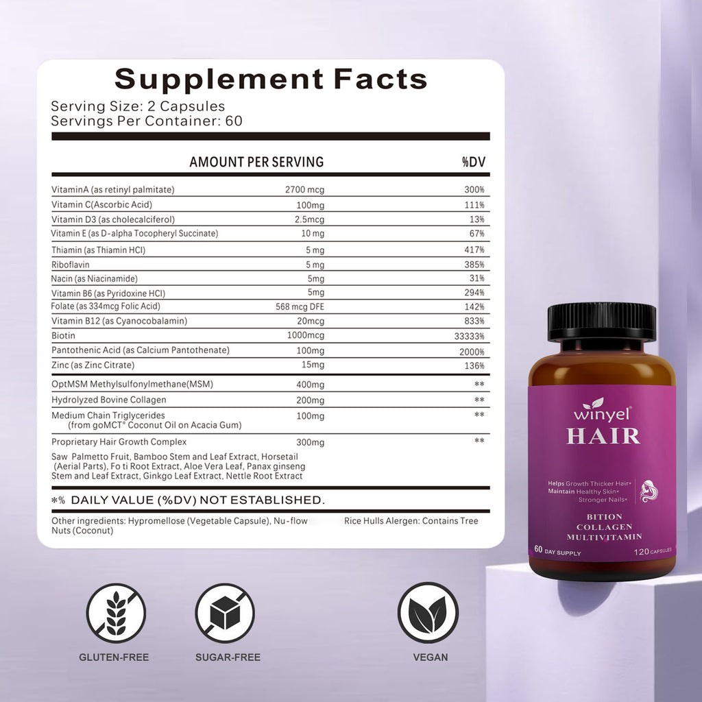 Winyel HAIR Biotin Collagen Multivitamin - 120 Capsules | 60 Day Supply