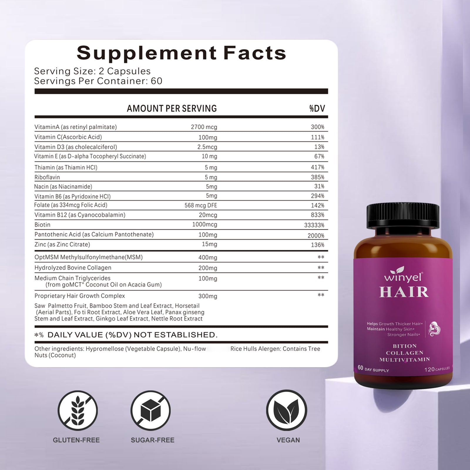 Winyel HAIR Biotin Collagen Multivitamin - 120 Capsules | 60 Day Supply