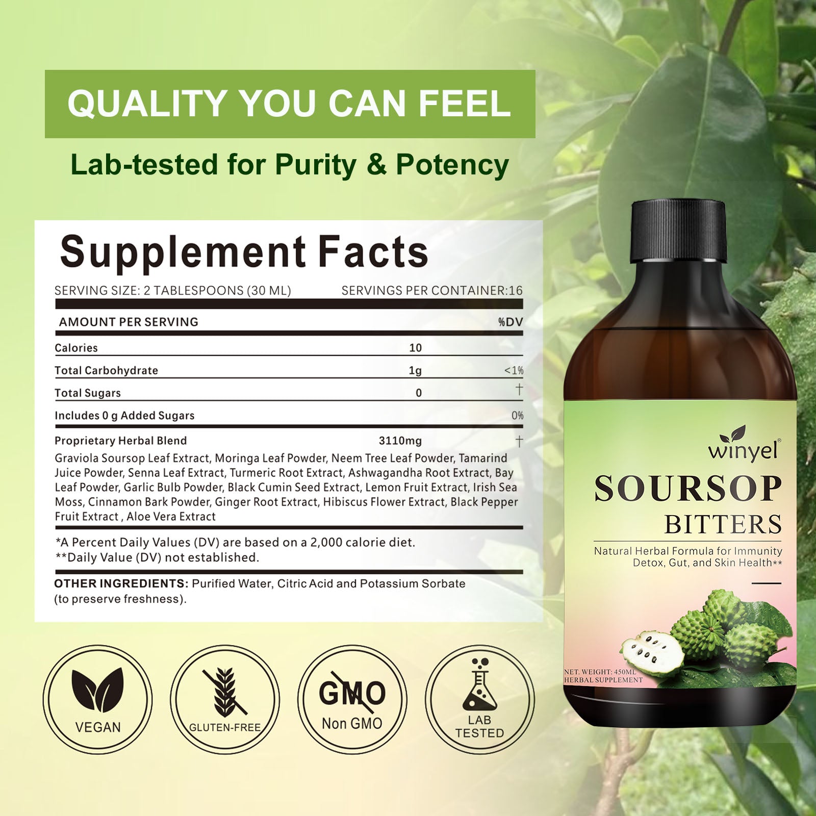 Winyel Soursop Bitters – 16-in-1 Herbal Supplement for Gut, Immunity & Skin (450ml)