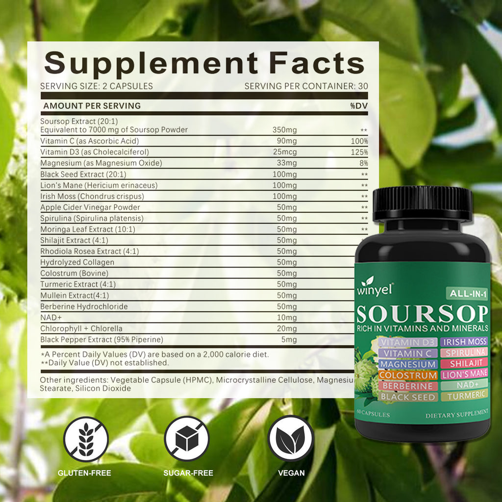 Winyel Soursop All-in-1 Capsules – 20 Superfoods with Vitamin C, D3, Lion’s Mane & NAD+ (60 Capsules, 30 Servings)
