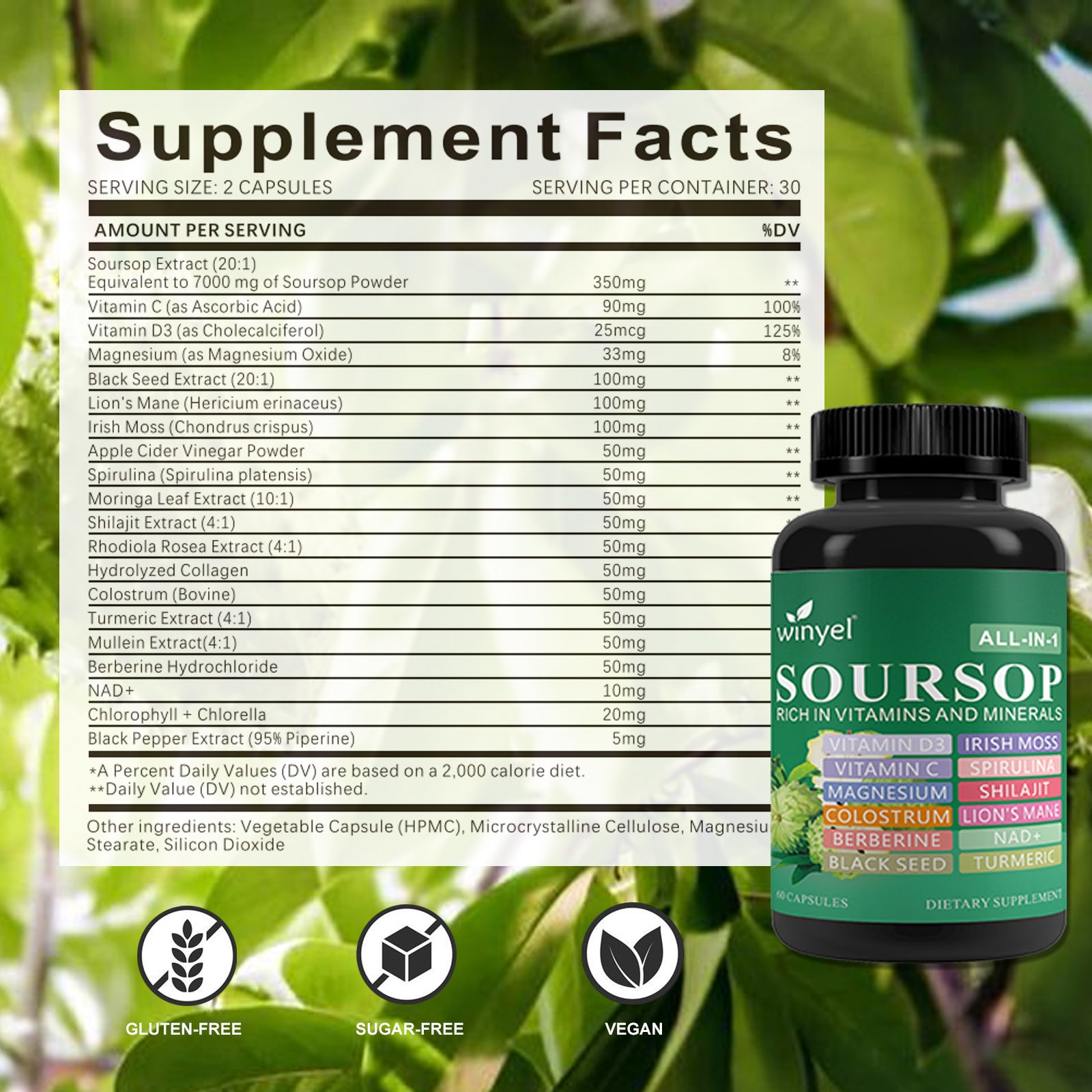 Winyel Soursop All-in-1 Capsules – 20 Superfoods with Vitamin C, D3, Lion’s Mane & NAD+ (60 Capsules, 30 Servings)