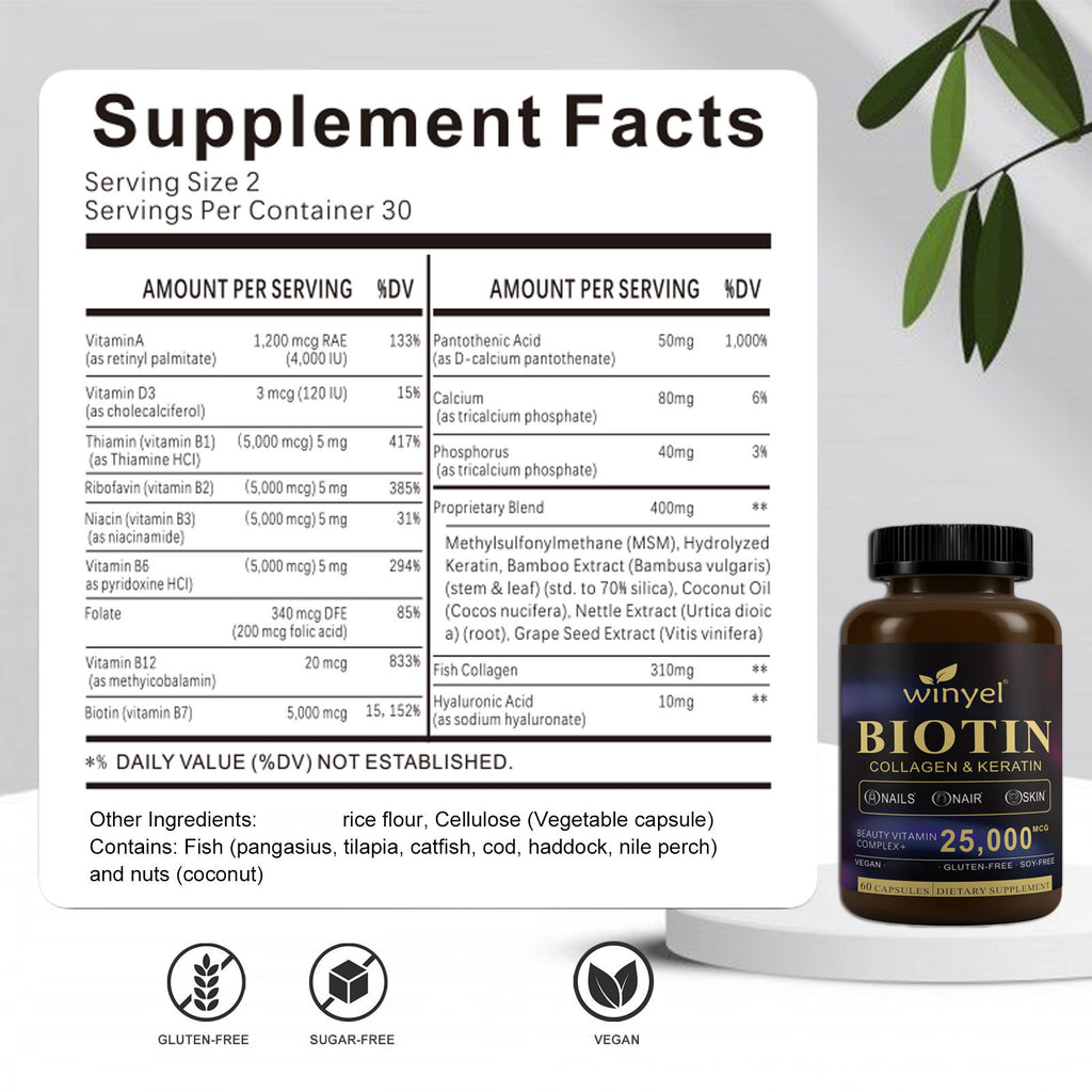 Winyel Biotin Collagen & Keratin Hair Vitamins - 25,000mcg | 60 Capsules