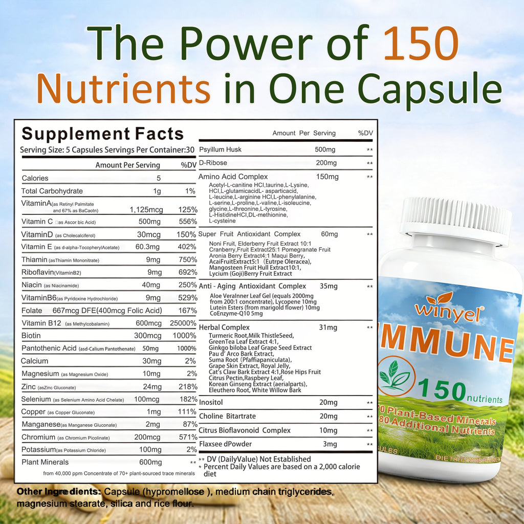 Winyel Immune – 150 Nutrients Immune Support Supplement (150 Capsules, 30-Day Supply)