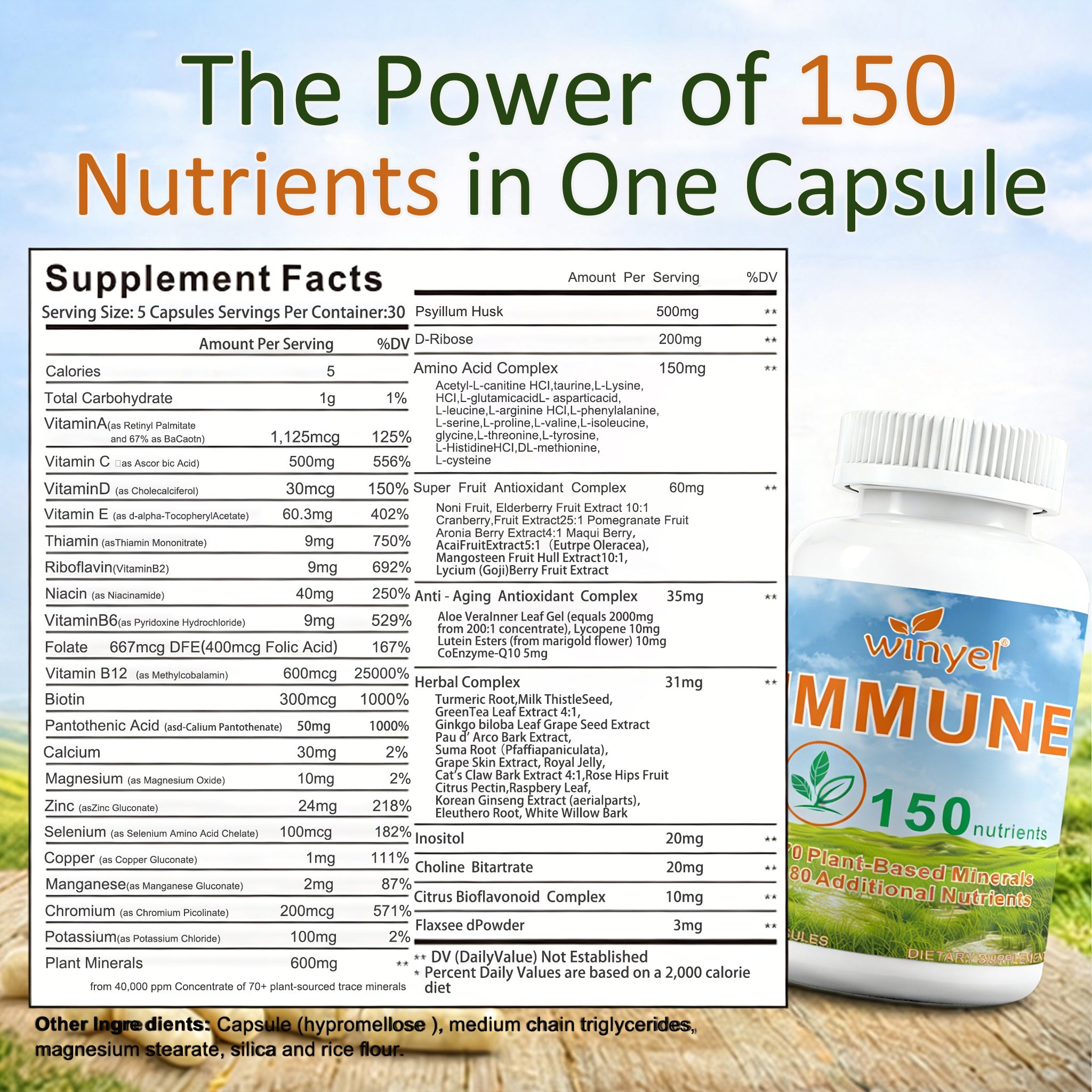 Winyel Immune – 150 Nutrients Immune Support Supplement (150 Capsules, 30-Day Supply)