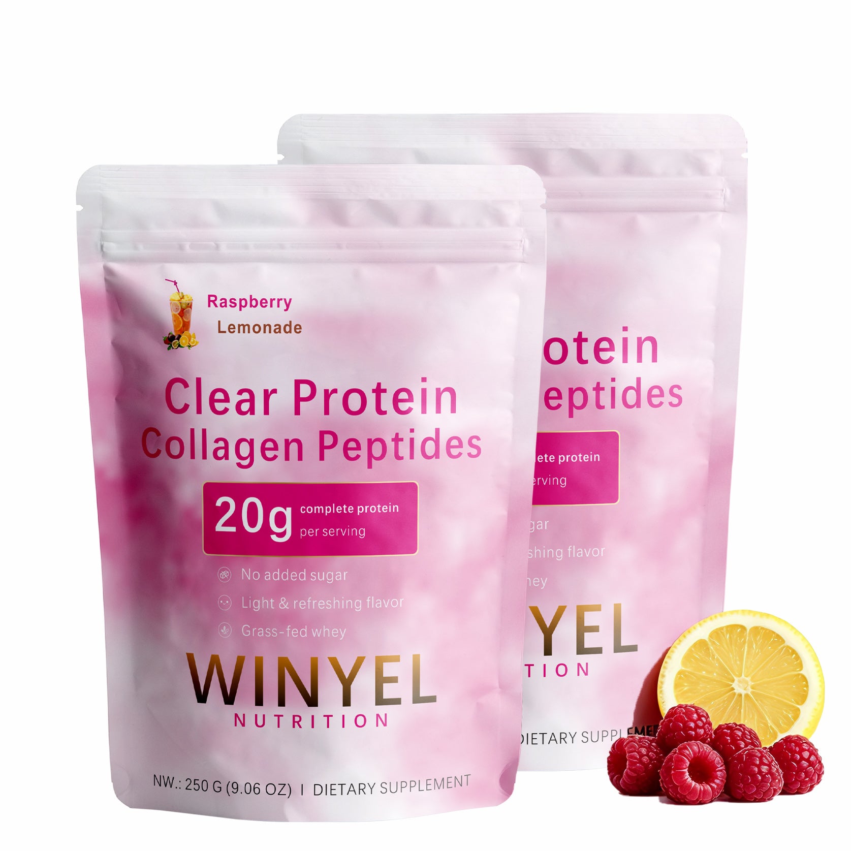 Winyel Clear Protein Collagen Peptides – Raspberry Lemonade, 20g Protein, Zero Sugar (250g, 10 Servings)