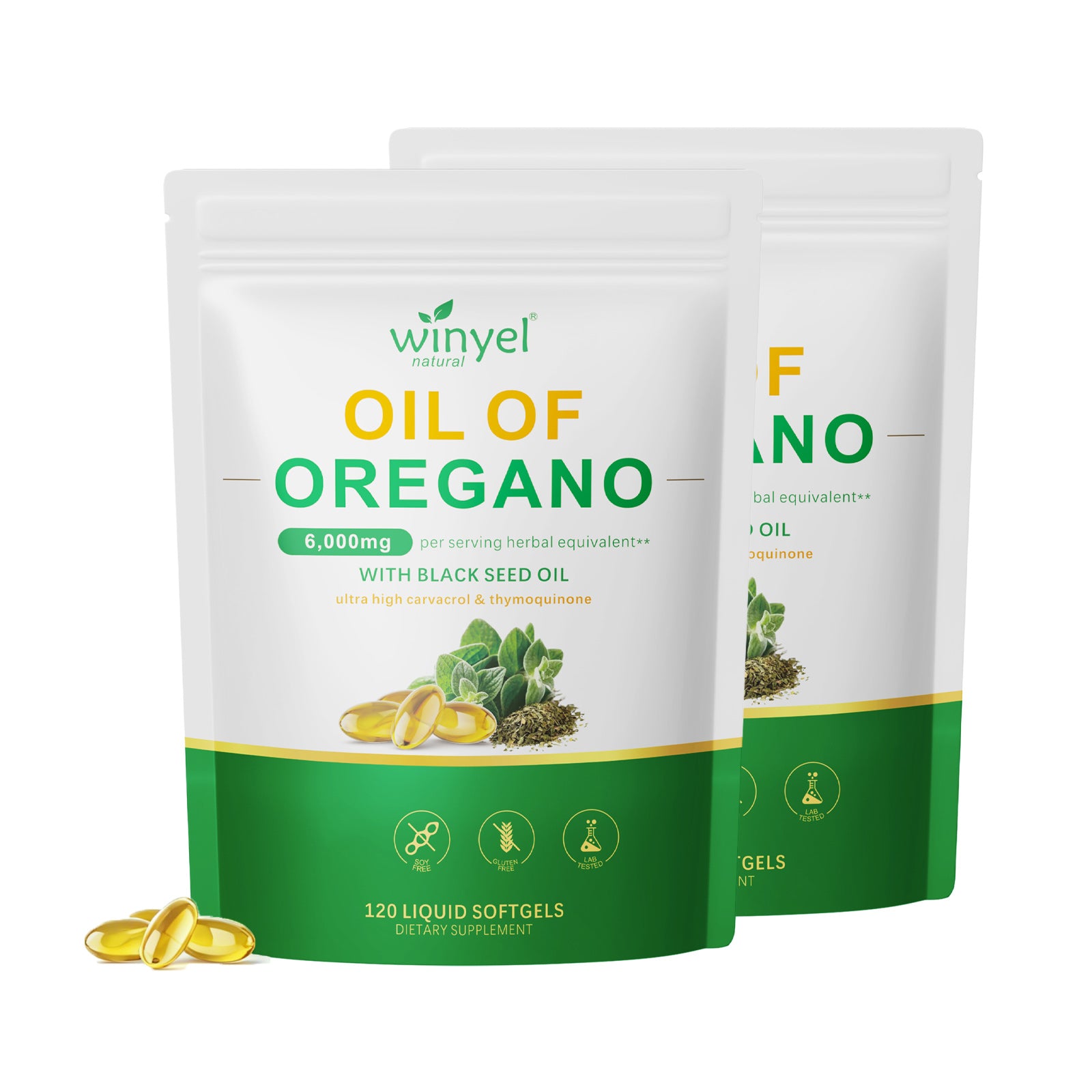 Winyel Oil of Oregano Softgels – 6000mg with Black Seed Oil, 2-in-1 Immune & Gut Support (120 Liquid Softgels)