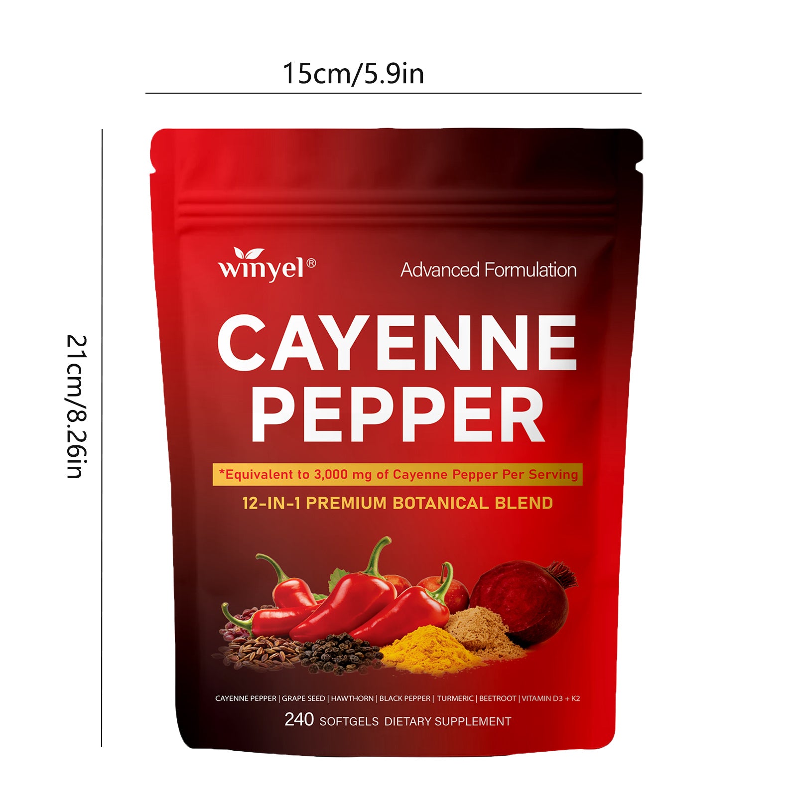 Winyel Cayenne Pepper Softgels – 12-in-1 Premium Botanical Blend, 3000mg Equivalent, Vegan & Gluten-Free (240 Softgels, 80 Days Supply)