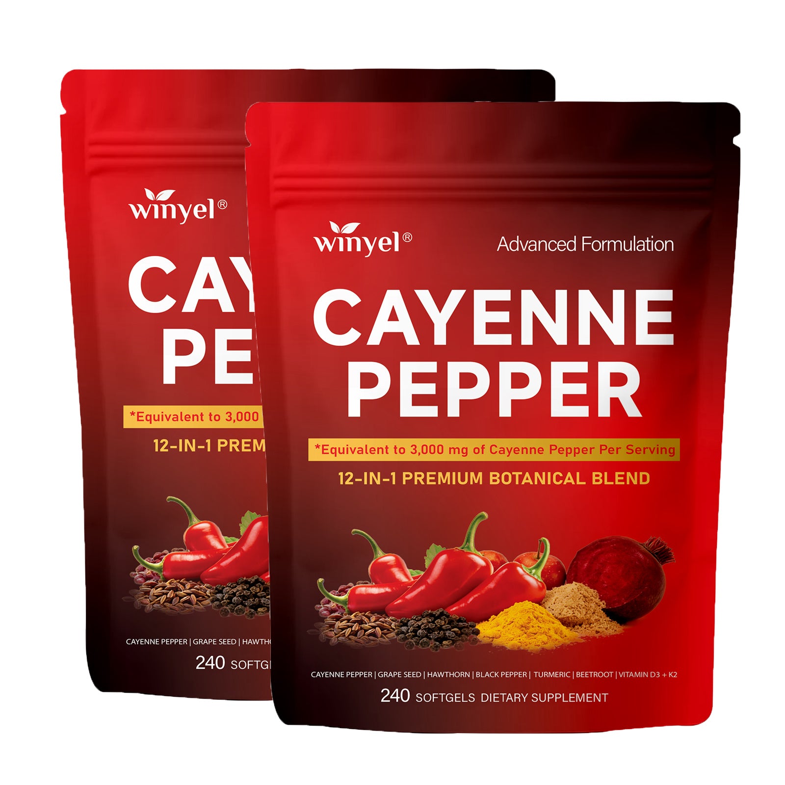 Winyel Cayenne Pepper Softgels – 12-in-1 Premium Botanical Blend, 3000mg Equivalent, Vegan & Gluten-Free (240 Softgels, 80 Days Supply)
